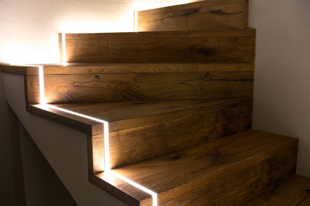 LED Strip Installation on Wooden Stairs