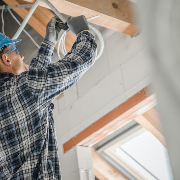 Electric Contractor Worker Installing Ceiling Light Point